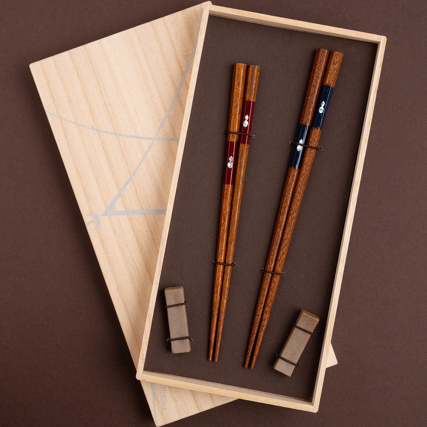 Pair of Hexagonal Hisago Checkered Chopsticks with Sandstone Chopstick Rests, Gift Box Included